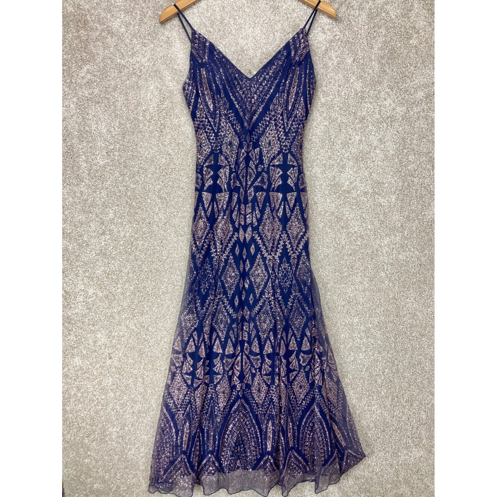 Jump Apparel Glitter Geometric Maxi Gown Dress Women 1/2 Navy Blue Formal Prom